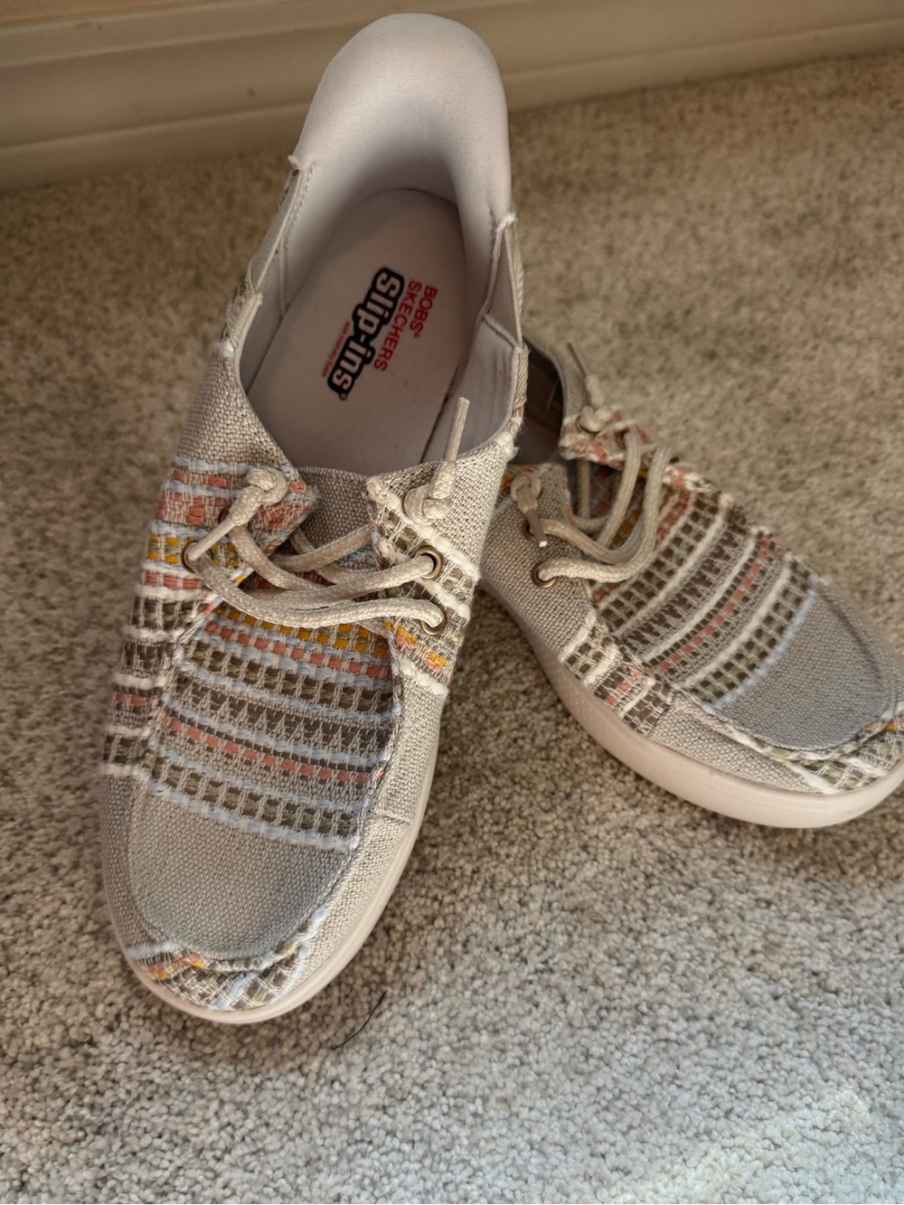 Skechers Women’s Beige Canvas Sneakers with Multicolor Woven Accents